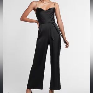 Satin Belted Cowl Neck Wide Leg Jumpsuit